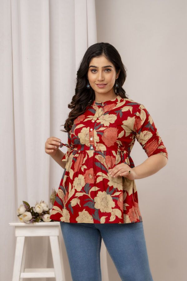 ASD_Top-2039-A Ausuda Women Pure Cotton Red Floral Printed Peplum Top | Casual Cotton Tunic for Women