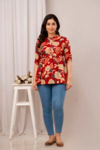 Ausuda Women Pure Cotton Red Floral Printed Peplum Top | Casual Cotton Tunic for Women