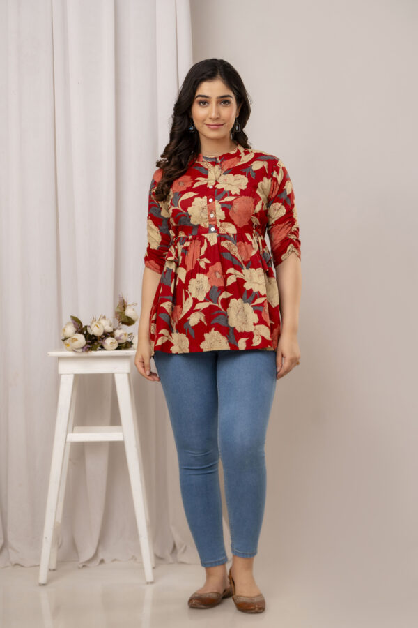 ASD_Top-2039-B Ausuda Women Pure Cotton Red Floral Printed Peplum Top | Casual Cotton Tunic for Women