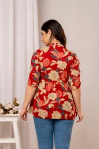 Ausuda Women Pure Cotton Red Floral Printed Peplum Top | Casual Cotton Tunic for Women
