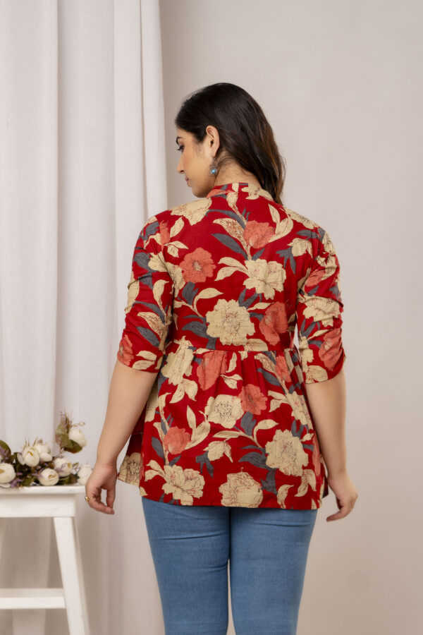 ASD_Top-2039-C Ausuda Women Pure Cotton Red Floral Printed Peplum Top | Casual Cotton Tunic for Women