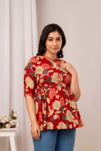 Ausuda Women Pure Cotton Red Floral Printed Peplum Top | Casual Cotton Tunic for Women