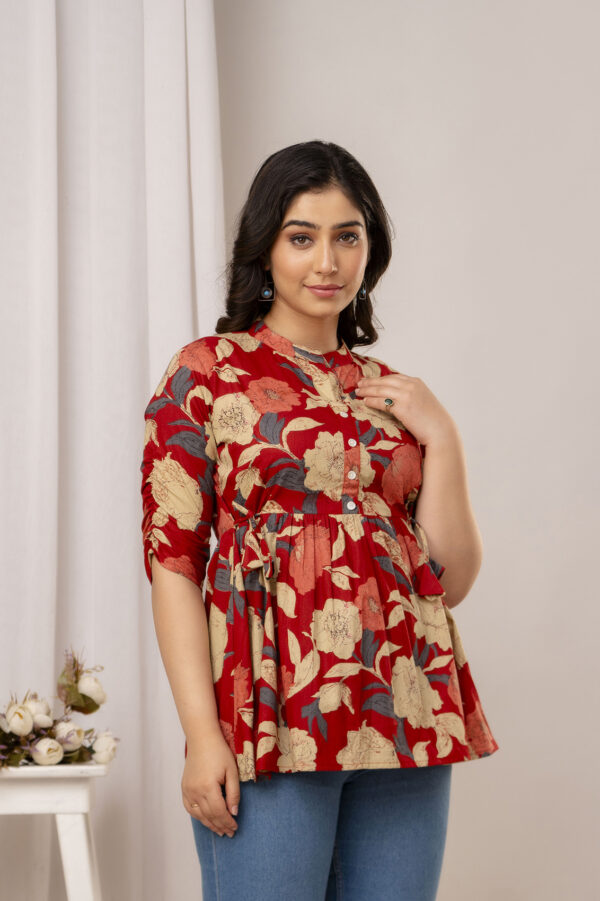 ASD_Top-2039-D Ausuda Women Pure Cotton Red Floral Printed Peplum Top | Casual Cotton Tunic for Women