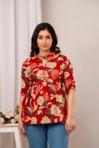 Ausuda Women Pure Cotton Red Floral Printed Peplum Top | Casual Cotton Tunic for Women