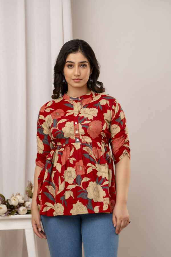 ASD_Top-2039-F Ausuda Women Pure Cotton Red Floral Printed Peplum Top | Casual Cotton Tunic for Women