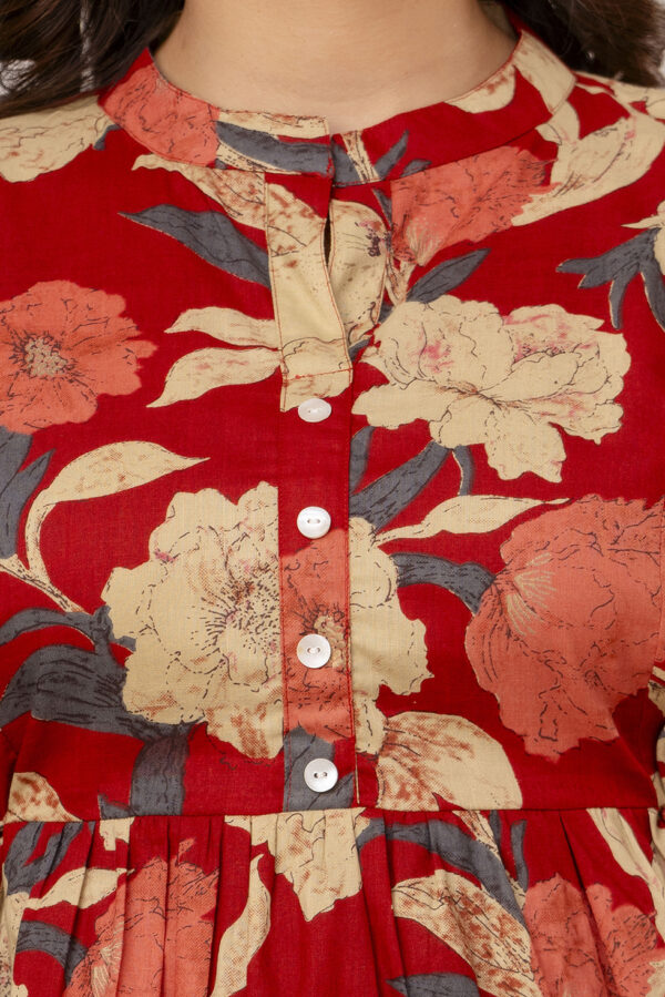 ASD_Top-2039-H Ausuda Women Pure Cotton Red Floral Printed Peplum Top | Casual Cotton Tunic for Women