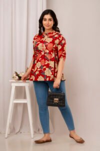Ausuda Women Pure Cotton Red Floral Printed Peplum Top | Casual Cotton Tunic for Women